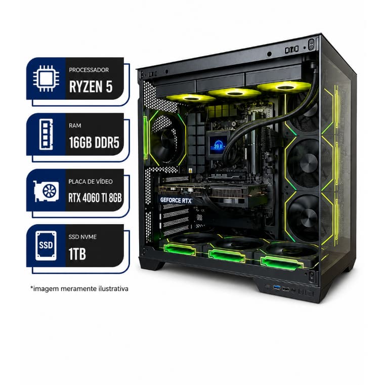 PC Gamer-Ryzen 5 9600X, RTX 4060 TI 8GB, B650M-E ASUS, 16GB RAM DDR5, SSD NVME 1TB, 850W 80 Plus, Gab. Vhagar, WC 360mm