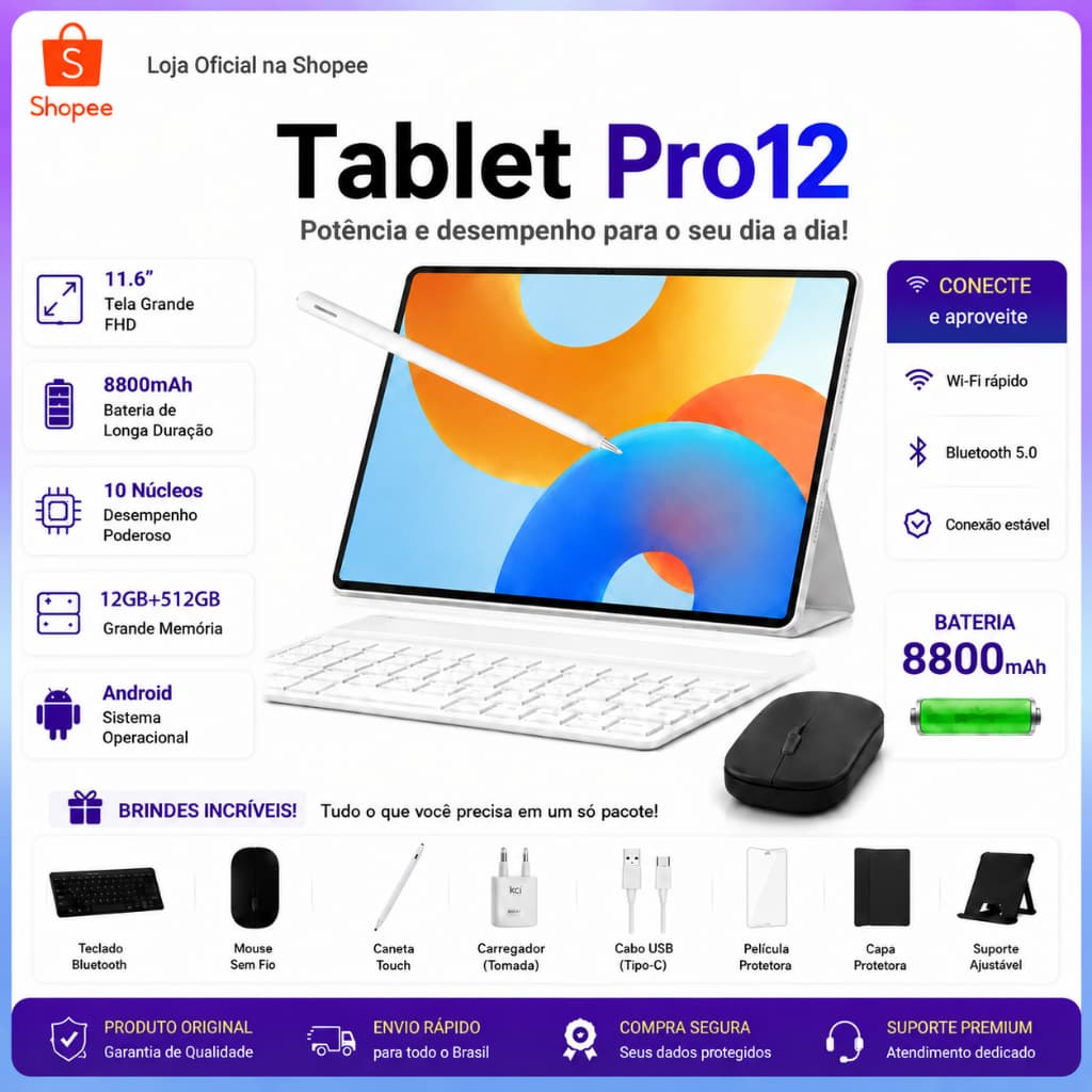 Tablet Pro 12 Combo com Teclado e Mouse -11.6"inch 12GB+512GB Android 15 com 8800mAh Ideal para Estudos e Jogos