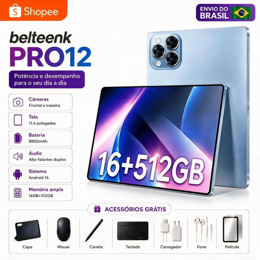 belteenk Tablet Pro12 | 16GB RAM 512GB | Android 16 | Tela 11.6" HD |8800mAh | 5G | Com Teclado e Mouse Grátis