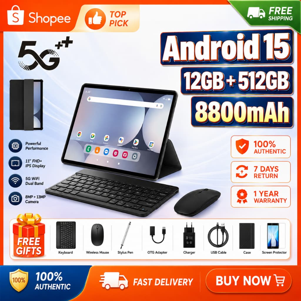 New Tablet Pro 12/ Teclado + Capa Caneta 12GB+512GB C/ Entrada Chip 5G Android 15 | Tela FHD 11.6" | 8800mAh MTK6799