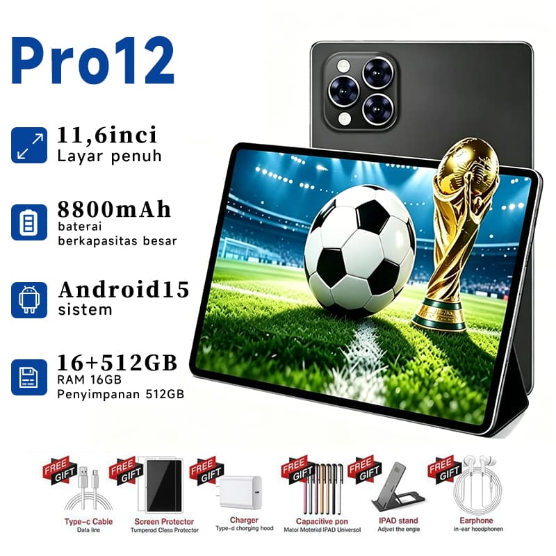 Tablet Pro12 5G Android 15 12GB RAM + 512GB Armazenamento Tela 11.6" FHD+ BOE | Bateria 8800mAh | Som PureSound Estéreo