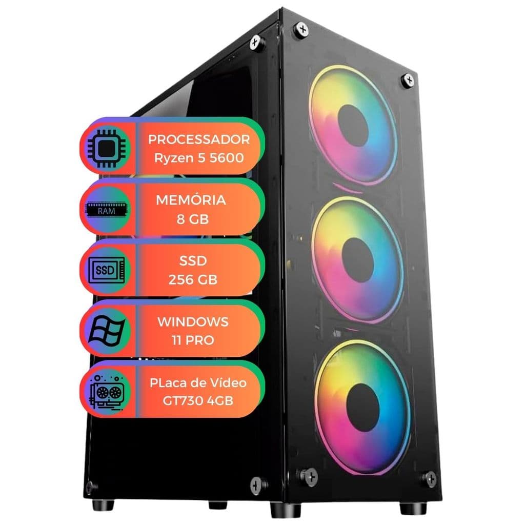 PC Gamer Ryzen 5 5600 8GB Ram SSD 256GB Placa de Vídeo GeForce GT730 4GB Windows 11