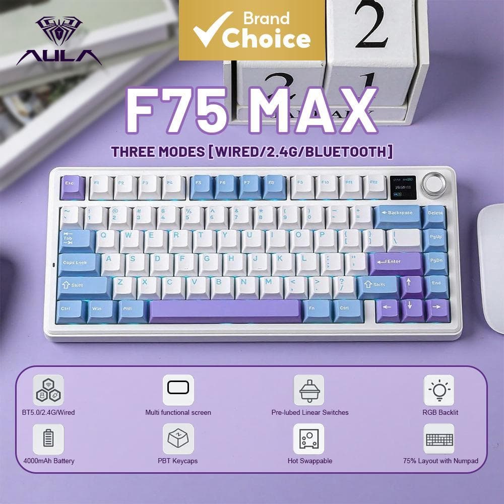AULA F75 Max Teclado Mecânico Gamer Tri-Mode 75%, Interruptores Reaper substituíveis, Lubrificados de Fábrica, Teclado