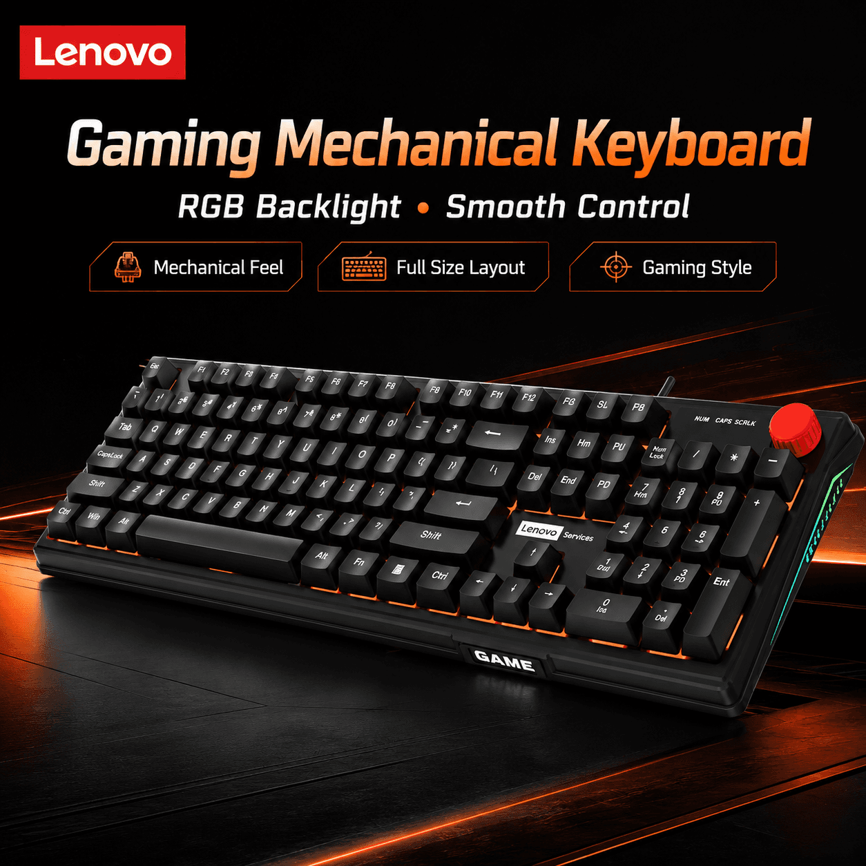 Teclado Gamer Lenovo com RGB Iluminado, Teclado Completo com Fio e Sensação Mecânica com Botão de Controle para PC,