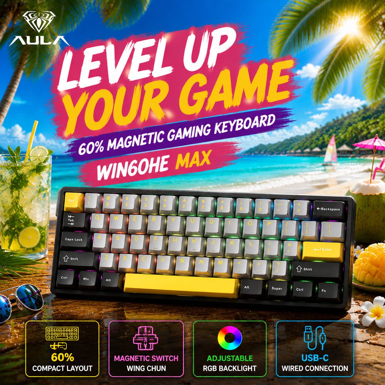Teclado Mecânico Magnético de Comutação Aula WIN60HE MAX Wing Chun 60% Layout Efeito Hall Acionamento Rápido RGB Teclado