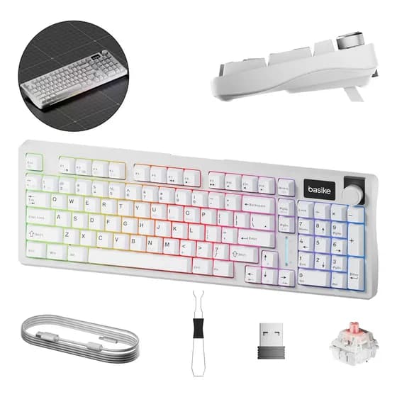 Teclado Mecânico Gamer Basike Tri-Mode Hot Swap RGB com Fio e Sem Fio para PC e Notebook QWERTY Branco