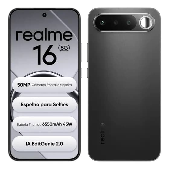 Smartphone Celular Realme 16 5g 256gb 12gb Ram Dual Sim Câmera De 50mp Lumacolor Image Espelho para Selfies Bateria 6550mah Impermeável Ip69 Pro 4200nit Amoled Preto