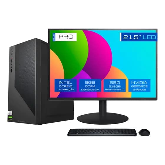 Computador Completo BluePC PRO - Intel Core i5 12400F (12ª Geração), 8GB DDR4, SSD 512GB, Gráficos Geforce, Fonte 500W, Windows 11 Pro, Monitor 21.5"