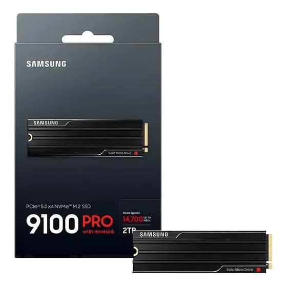 SSD Samsung 2TB 9100 PRO NVMe M.2 2280 PCIe 5.0 Gen5 c/ Dissipador Heatsink Leitura 14.800MB/s Gravação 13.400MB/s PC Gamer / PS5 MZ-VAP2T0CW Preto