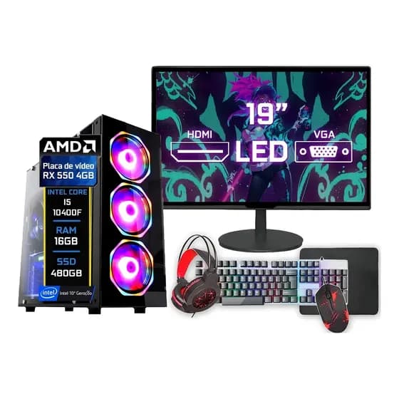 Computador Gamer Fácil Computadores Intel Core i5 10400F com 16 GB e RX 550 4GB
