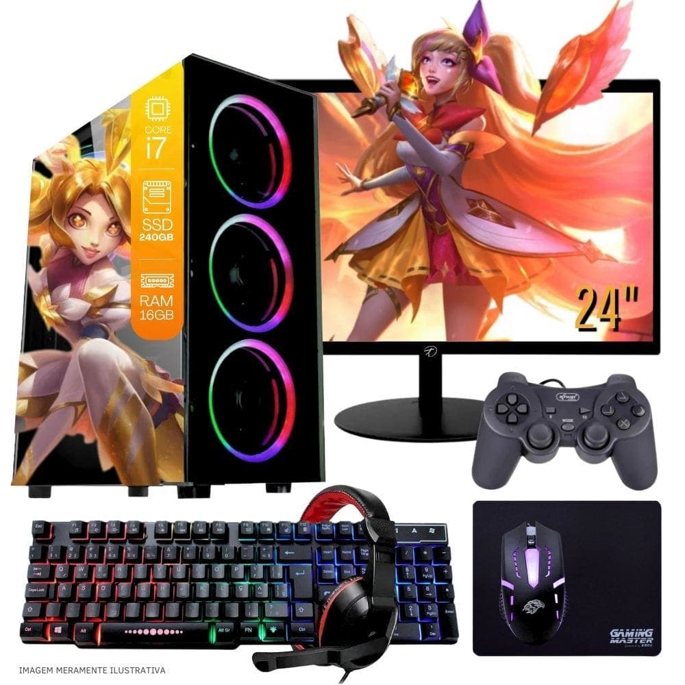 Computador PC Gamer Completo TOB Intel Core i7 SSD 240GB 16GB Teclado Mouse Mouse Pad e Headset Gamer Joystick Monitor 23” Windows 10 Pro Trial