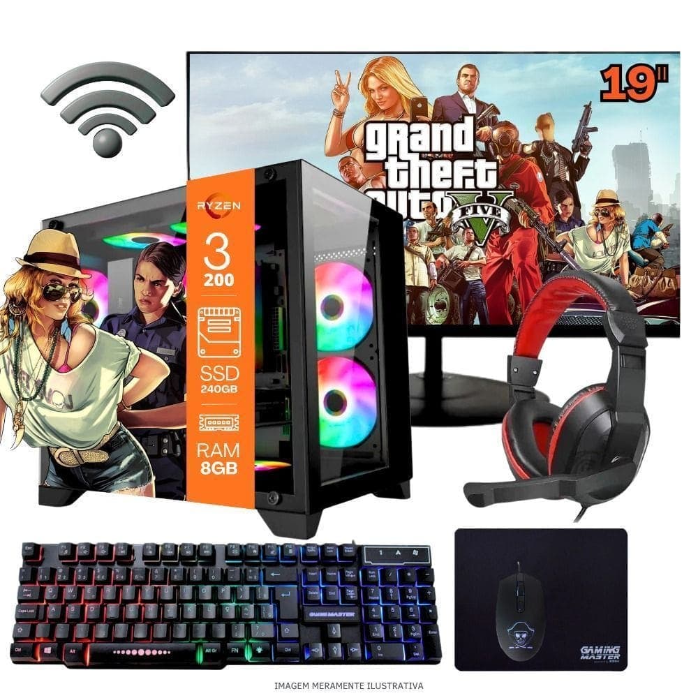 Computador PC Gamer Home Office Ryzen 3 3200G 8GB DDR4 SSD 240GB Radeon Vega 8 Windows 11 A320 Monitor 19 Pronto para Uso