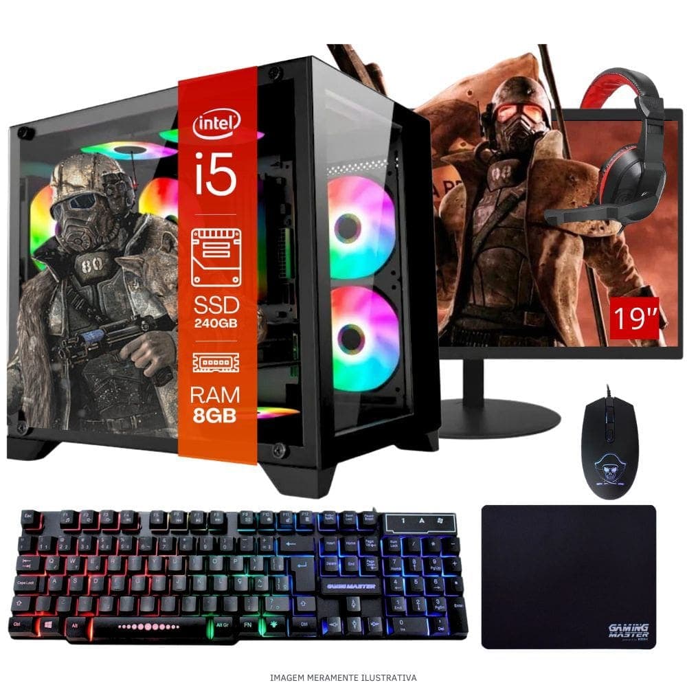 Computador PC Gamer Completo TOB Intel Core i5 SSD 240GB 8GB Gabinete Aquário Teclado Mouse Mouse Pad e Headset Gamer Monitor 19” Windows 10 Pro