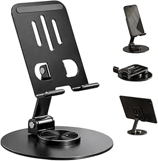 Suporte de Celular de Mesa em Alumínio com Base Rotativa 360° Ajustável Dobrável Antiderrapante Estável Compatível com iPhone iPad Android Smartphones e Tablets