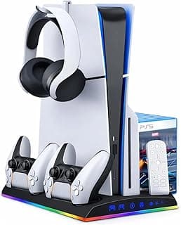 Base Cooler para PS5 Slim e PS5 Fat – Cooler com 2 Ventoinhas, Carregador Duplo para Controles, Iluminação RGB e Suporte para Headset