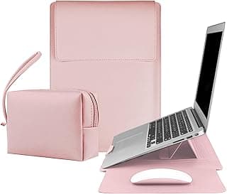 Capa 4 em 1 para Laptop 13,4/14" (34x25,5cm)，Suporte Refrigerador Ajustável,Mouse Pad Integrado,Couro PU Antiderrapante à Prova d'Água com Bolsa de Armazenamento,Compatível com Tablets (Rosa)