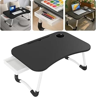Mesinha Dobrável para Notebook com Gaveta e Porta-Copo, 60x40x28cm, Preta, para Cama e Sofá
