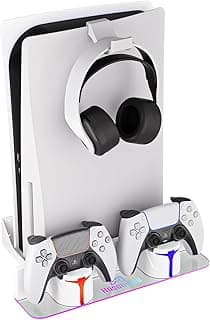 Hosanwell Kit de suporte de parede PS5 com estação de carregamento, compatível com PlayStation 5/Slim/Pro Disc e versão digital, estação de carregamento de uso duplo com luz RGB multimodo, branco
