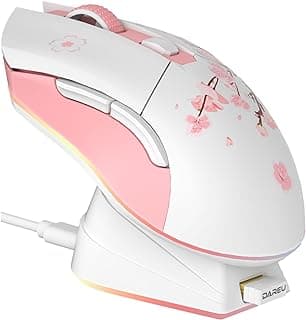 DAREU Sakura Mouse rosa para jogos sem fio com base de carregamento recarregável RGB, 12K DPI, 6 botões programáveis, sensor de alta precisão [300IPS] [1000Hz] para PC, notebook, Mac