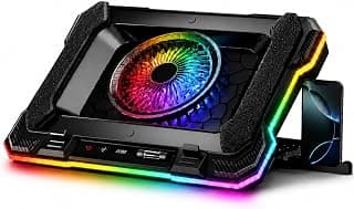 Suporte para Notebook com Cooler RGB 2200 RPM, Base Refrigerada para 14 a 19 Polegadas, 7 Níveis de Ajuste, Controle Touch, 2 Portas USB e Suporte para Celular
