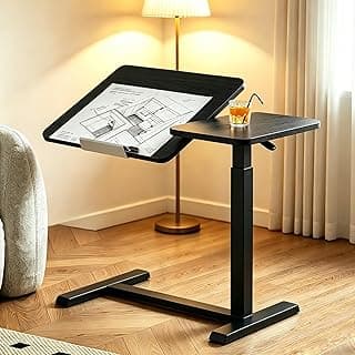 Mesa de Apoio Lateral, Mesa Lateral Pneumática Ajustável para Notebook, Ajuste de Altura 60-95cm, Tampo Inclinável 0-60°, para Quarto, Sala de Estar e Escritório, Preto Elevação Pneumática