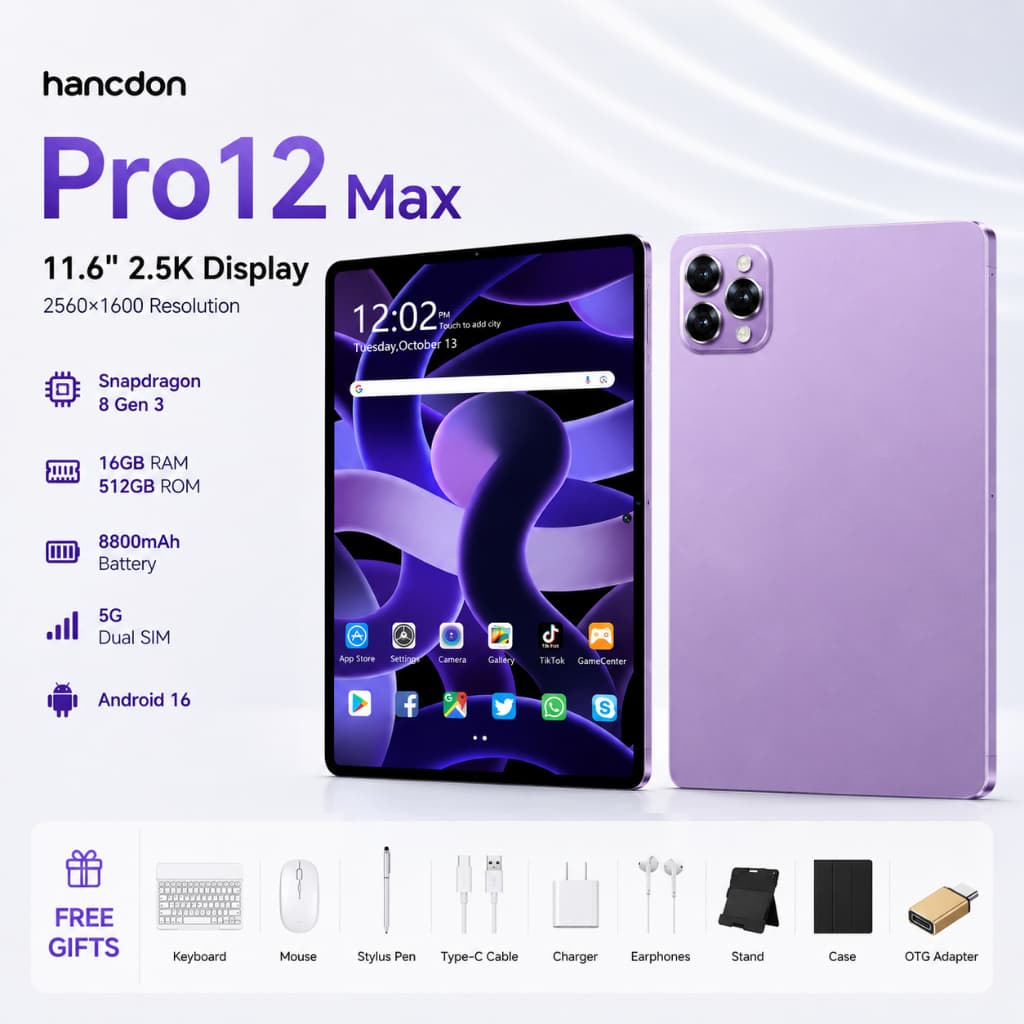 Hancdon Tablet Pro12 Max | 16GB+512GB | Android 15 | Tela FHD 11.6" | 8800mAh 4G/5G LTE
