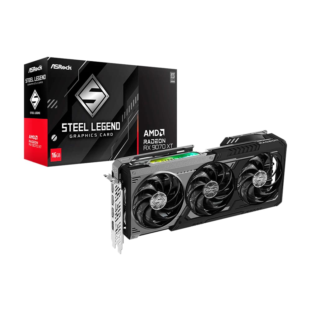 Placa De Vídeo Asrock Amd Radeon Rx 9070 Xt Steel Legend Preta 3 Fans 16gb Gddr6 256 Bits - 90-GA5VZZ-00UANF
