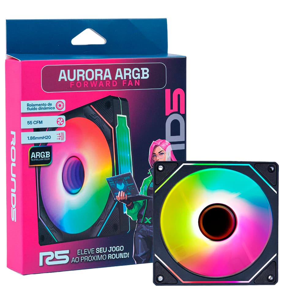 Fan Gamer Round5 Aurora Forward Argb Preto 120mm Pwm - R5-AURORA-FW-B-2192