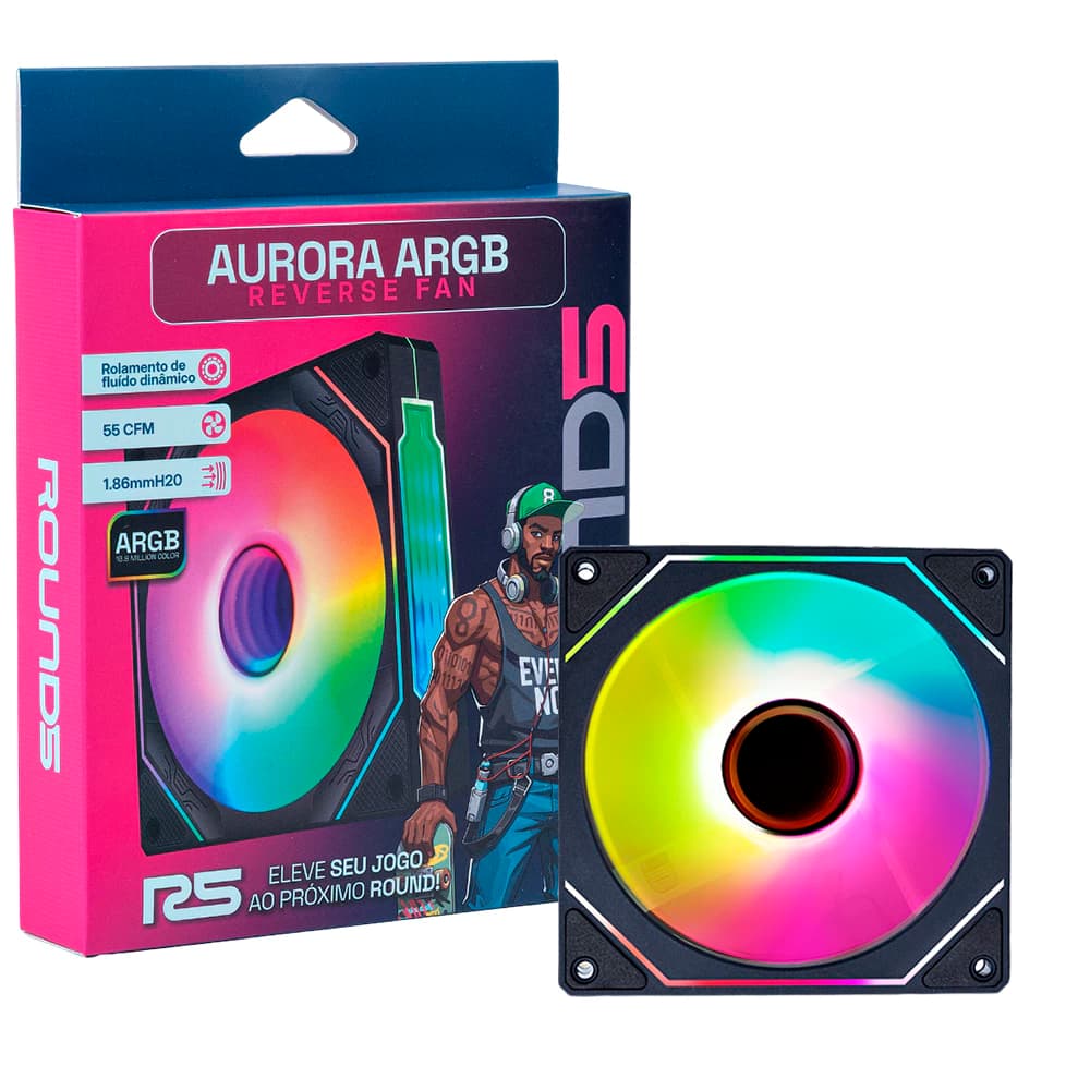 Fan Gamer Round5 Aurora Reverse Argb Preto 120mm Pwm - R5-AURORA-RV-B-2191