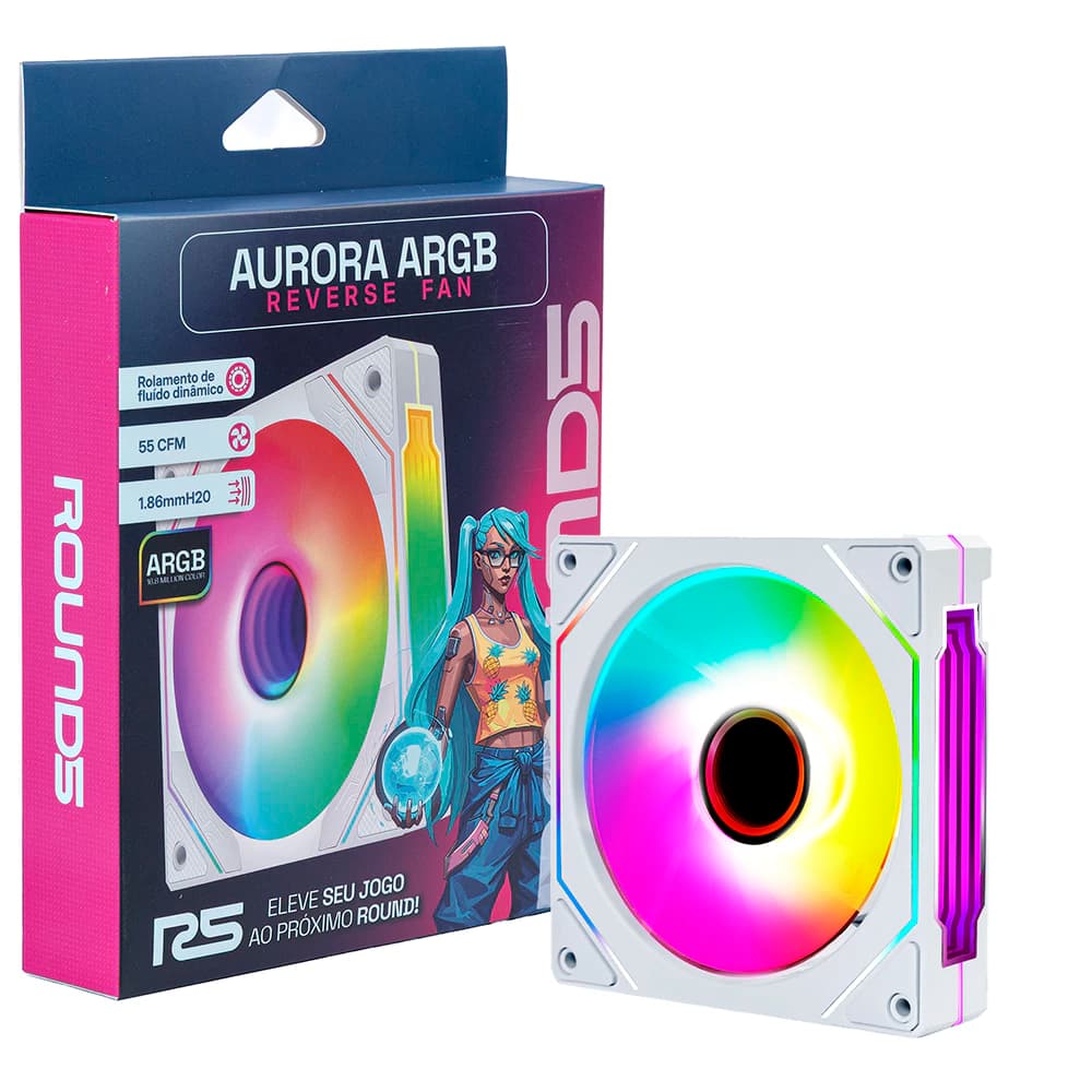 Fan Gamer Round5 Aurora Reverse Argb Branco 120mm Pwm - R5-AURORA-RV-W-2194