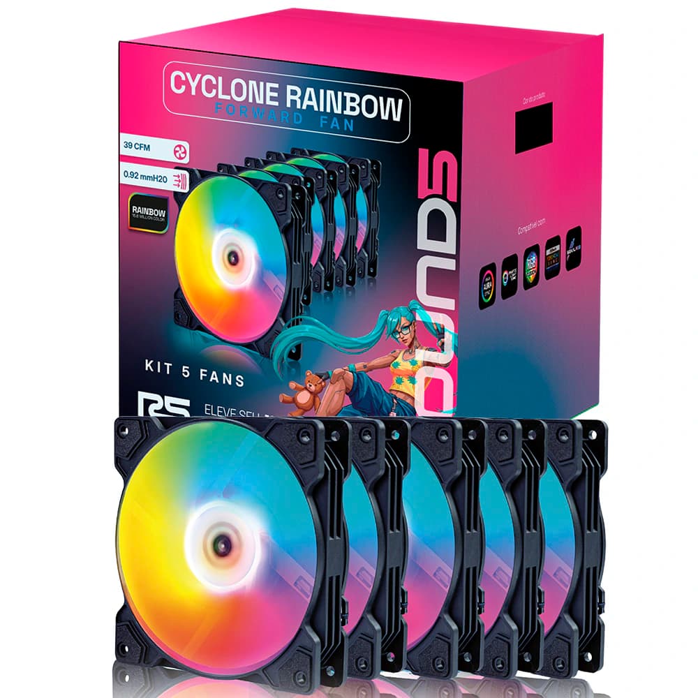 Fan Gamer Round5 Cyclone Forward Molex Rainbow Preto 5 X 120mm Pwm - R5-KIT-CYCLONE-FW-B-2288