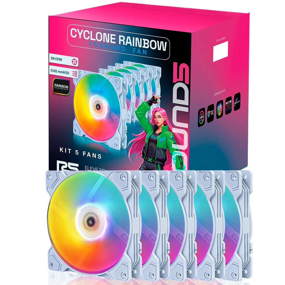 Kit Fan Gamer Round5 Cyclone Forward Molex Rainbow Branco 5 X 120mm Pwm - R5-KIT-CYCLONE-FW-W-2289