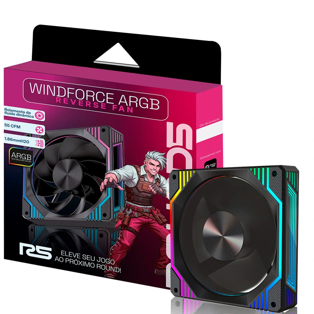 Fan Gamer Round5 Windforce Reverse Argb Preto 120mm Pwm - R5-WINDFORCE-RV-B-2291