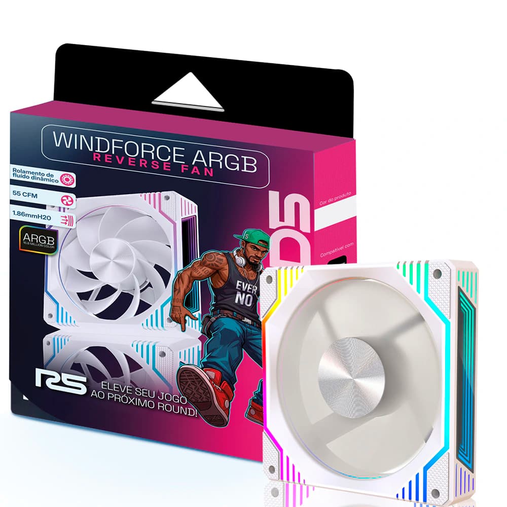 Fan Gamer Round5 Windforce Reverse Argb Branco 120mm Pwm - R5-WINDFORCE-RV-W-2290