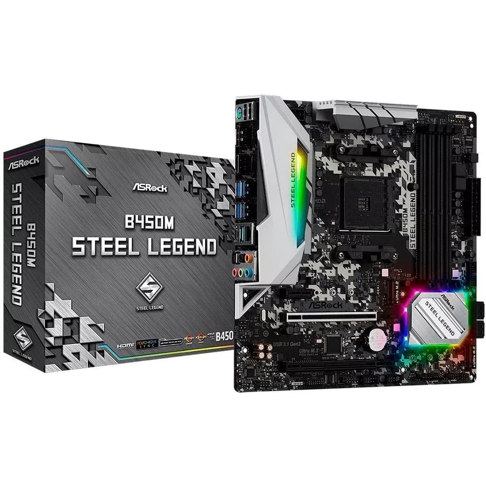Placa Mãe Asrock Steel Legend B450m, Amd Am4 Matx, 4xddr4, 2xm.2, 2 X Usb 3.0, Rede Realtek, Hdmi, Dp