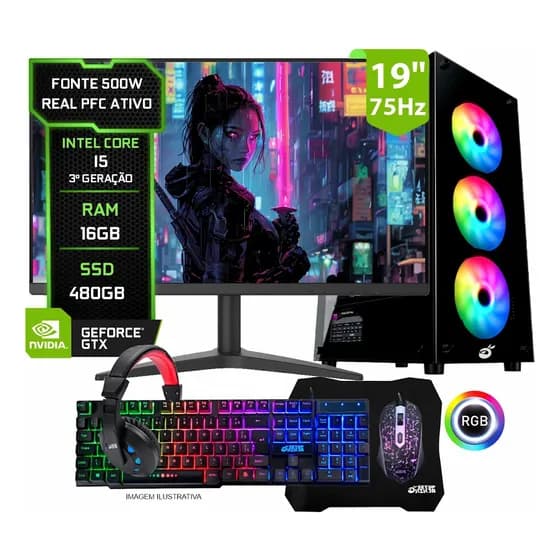 Pc Gamer Completo Setup Ninja Shadow I, Intel Core I5, 16gb Ram, Ssd 480gb, Video 1gb, Monitor 19 , Kit Periféricos