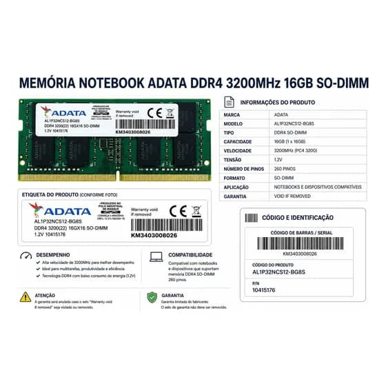 Memória Notebook 16gb Ddr4 3200mhz - Adata