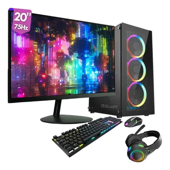 PC Gamer Completo AMD Ryzen 5 5600GT, Placa mãe A520, Gráficos Radeon VEGA 7, 16GB DDR4 3200Mhz, SSD 480GB, Monitor 20" 75Hz, Fonte 500W Bivolt, Preto, com iluminação RGB, BluePC - Pulse PGF-0100PU
