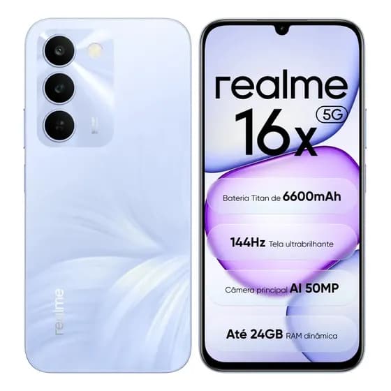 Celular Smartphone Realme 16x 5g 256gb 8gb Ram (+16gb virtual ram boost) Dual Sim Nfc Mediatek Dimensity 6300,bateria Titan 6600mah,tela Ultrabrilhante 144hz, Ip64, Câmera 50mp, Android 16
