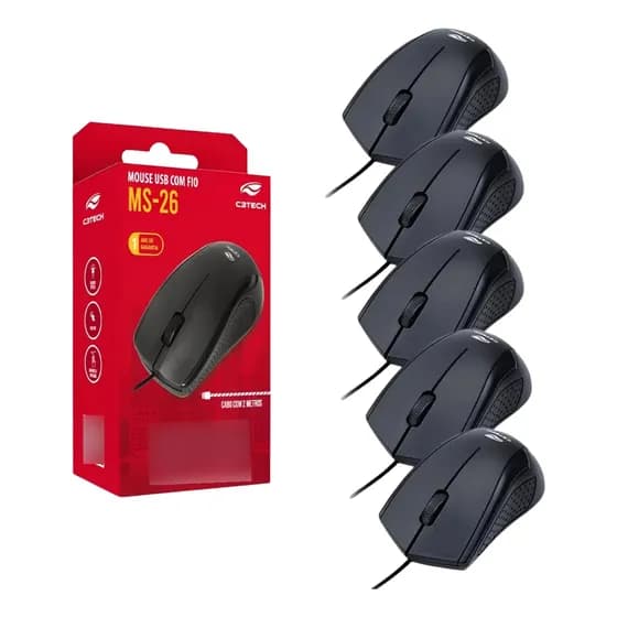 Kit com 5 Mouses Ópticos C3Tech MS-26 com Fio Preto de 2 Metros