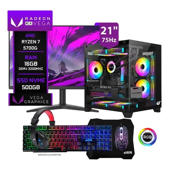 Pc Gamer Completo Setup Ninja Lexus I, Amd Ryzen 7 5700g, 16gb Ddr4, Ssd M.2 500gb, Monitor 21 , Kit Periféricos