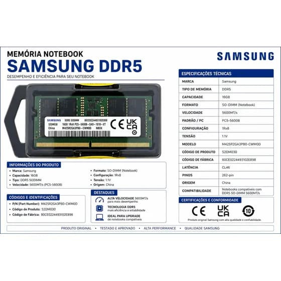 Memória RAM 16 Gb Ddr5 5600 Mhz Samsung M425r2ga3eb0-CWM0d