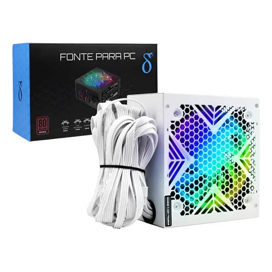 Fonte Aitek 650W ATX RGB Branca 80 Plus Bronze PFC Ativo Ventoinha 120mm
