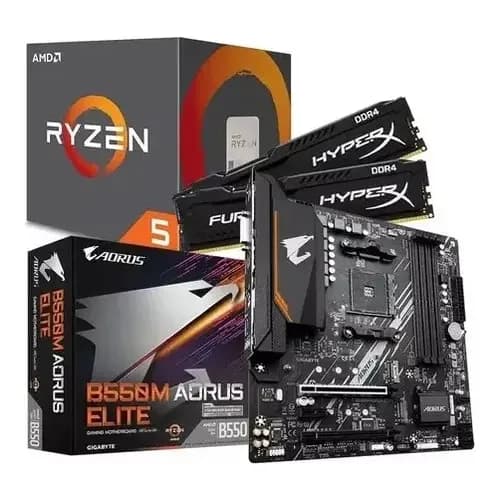 Kit Amd Ryzen 5 5500 + Gigabyte B550m Aorus Elite + 2x16gb Cor Preto