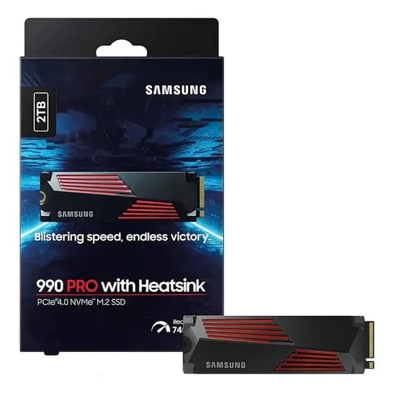 SSD Samsung 990 PRO 2TB Heatsink M.2 2280 NVMe PCIe Gen4, até 7450MB/s leitura e 6900MB/s gravação, compatível com PlayStation 5 – MZ-V9P2T0CW