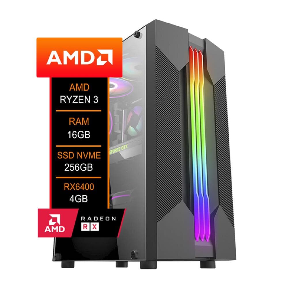 PC Gamer AMD , Ryzen 3 4100 , RX6400 4GB , 16GB DDR4 (2x8GB) , SSD 256GB NVMe