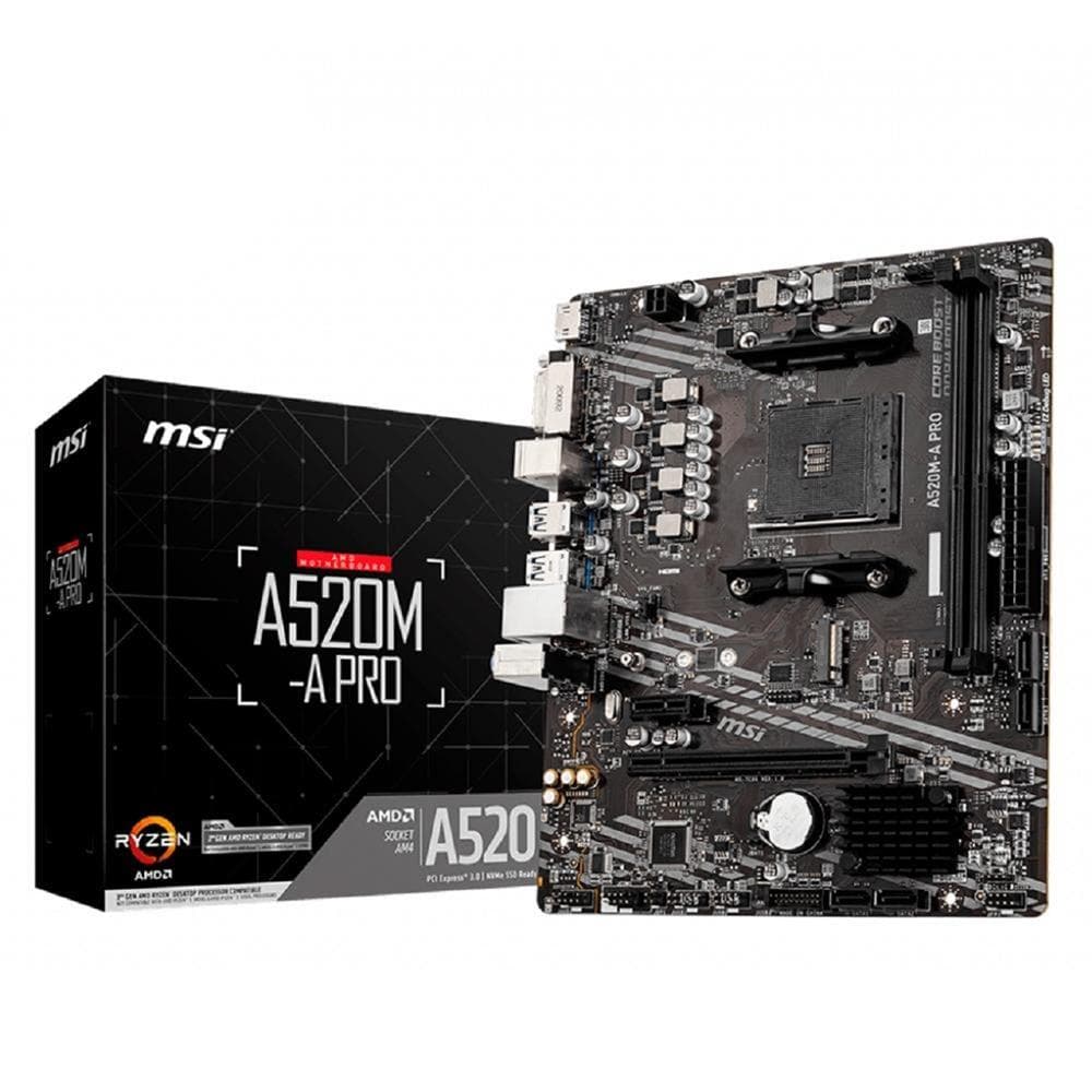 Placa Mãe MSI A520M-A Pro , Chipset A520 , AM4 , mATX , DDR4 OC 4400MHz , M.2 NVMe , HDMI , Suporte Ryzen 5000 Series