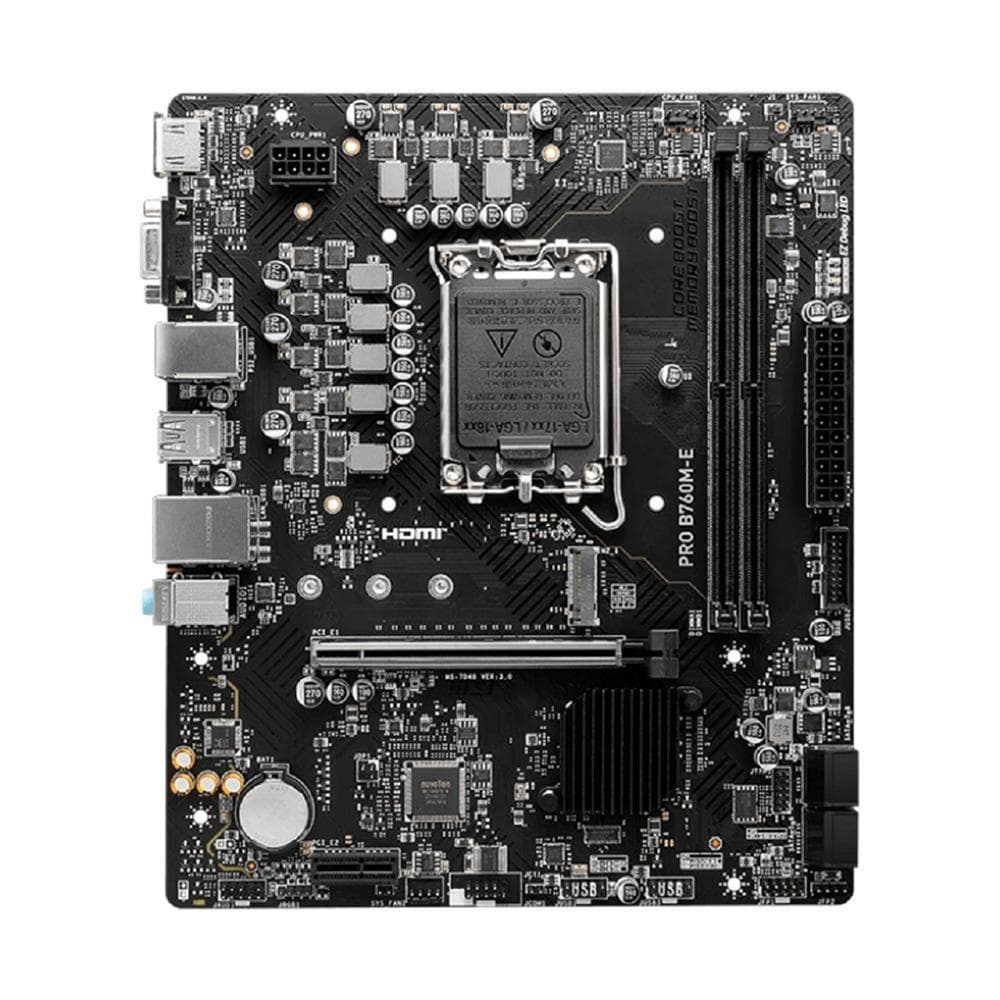 Placa Mãe MSI PRO B760M-E , Chipset B760 , LGA1700 , mATX , DDR4 OC 5333MHz , M.2 PCIe 4.0 , HDMI/DP , Suporte Intel Core 12/13/14