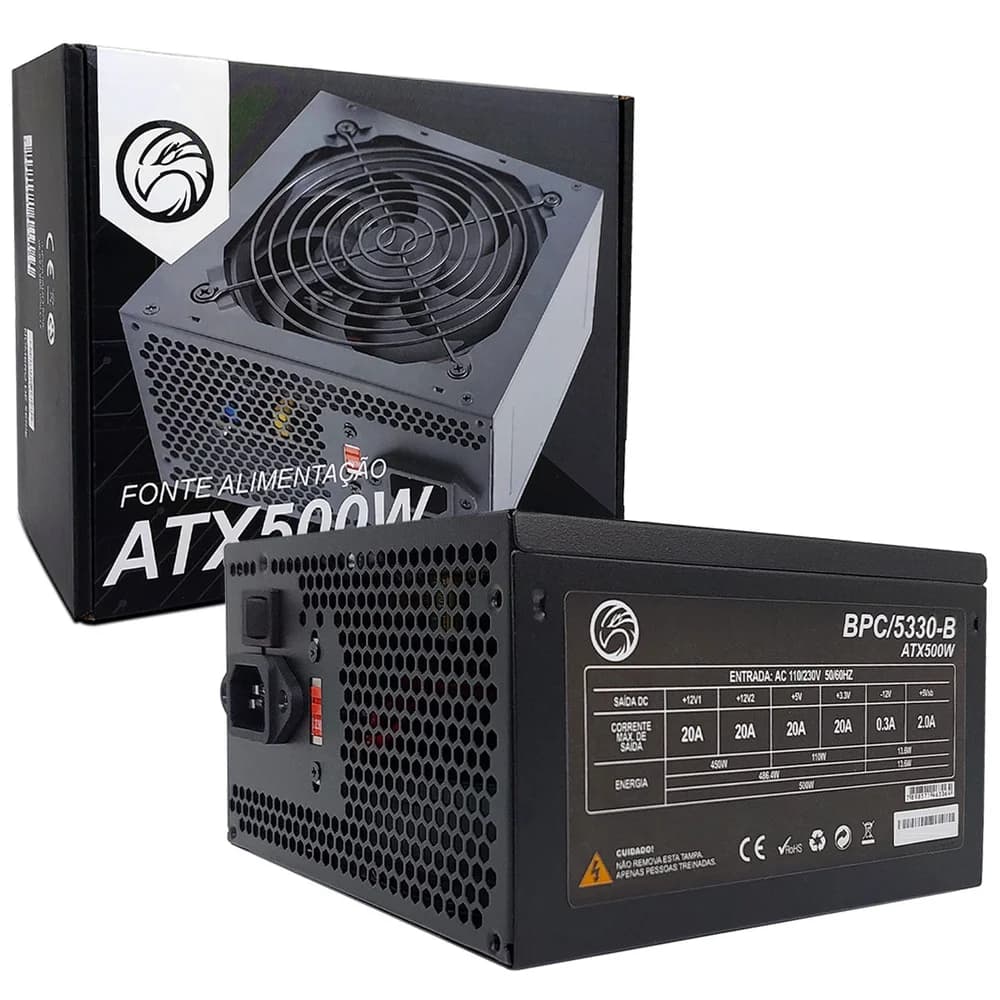 Fonte 500w, Brazil PC, Bivolt Manual, 24 Pinos, C/ Cabo - Bpc/5330-b