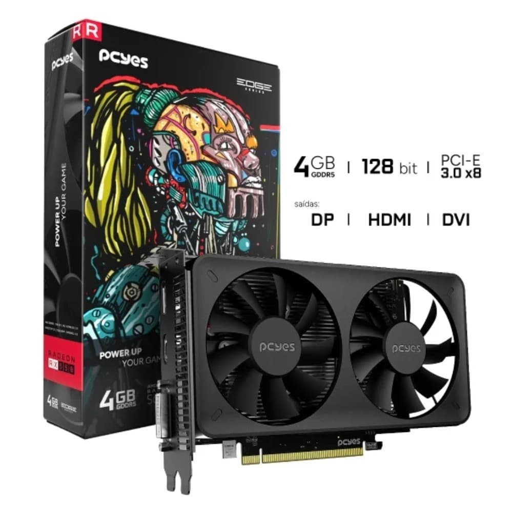 GPU PCYES RX 550 4GB PROJETO EDGE, GDDR5, 128-BITS, DUAL-FAN, 1X DP / 1X HDMI / 1X DVI - PVEX5504GBDF